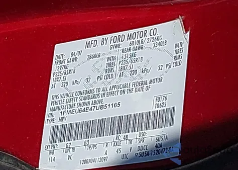 2007 Ford Explorer Eddie Bauer from USA, damaged, VIN 1FMEU64E47UB51165
